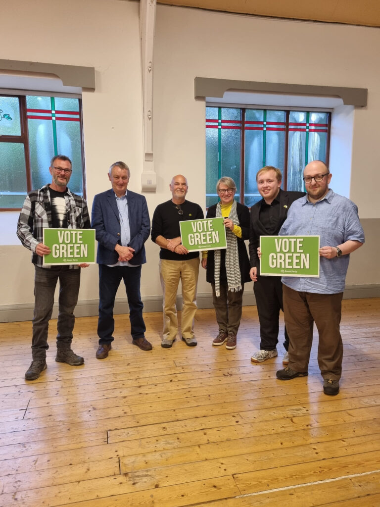 Left to Right

Councillor Martyn Hogg, Anthony Slaughter, Martin Schwaller, Natalie Bennett, Tomos Barlow and Lee Lavery

Stood with Vote Green signs - Green Background White Text.